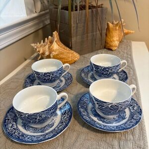Staffordshire Liberty Blue Cups and Saucers Set of 4